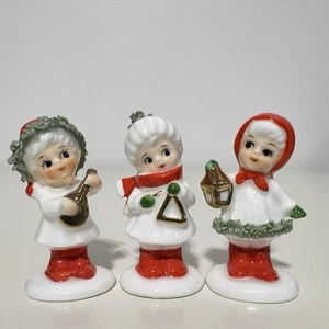 Juego de 3 estatuillas de villancico miniatura vintage de porcelana con adornos de espagueti - Imagen 1 de 12