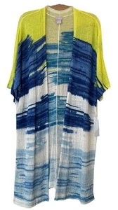 Chico's Brand New Pool Beach Cover Up Sz M Blue Yellow Crinkle Fabric Open Front - Picture 1 of 15