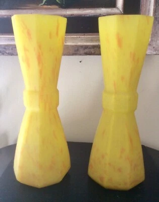 Paire De Grands Vases Jaunes En Pâte De Verre Marmoréen Art Deco French Antique - Photo 1/3