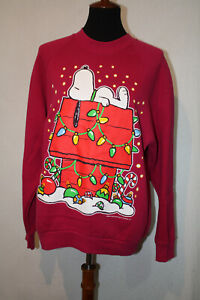 Vtg 90s Fruit of the Loom Sz L Red Snoopy Doghouse Christmas Sweatshirt USA