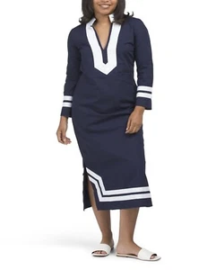 SAIL TO SABLE Maxi Tunic Caftan Dress Long Sleeve Navy White 100% Cotton Size M - Picture 1 of 8