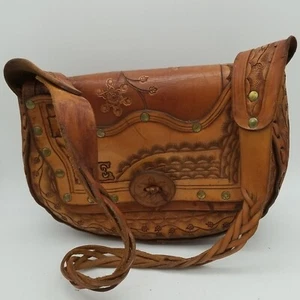 Embossed Tooled Leather Hardbody Bag Central South America Handmade Studded - Picture 1 of 12