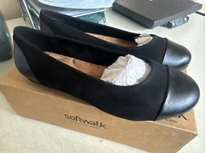 SoftWalk Womens 10.5WW BLACK Sonoma Leather Cap Toe Ballet Flats Shoes S1907-004 - Picture 1 of 10