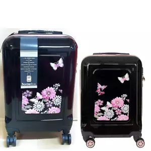 Hard Shell Medium Suitcase & Cabin Case Lightweight Black Flower 4 Wheel Luggage - Picture 1 of 12