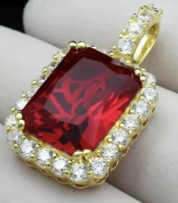 4Ct Emerald Cut Lab-Created Red Ruby Fancy Halo Pendant 14k Yellow Gold Plated - Image 1 of 4