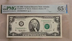 $2 1995 Federal Reserve Note Low Serial Nr F 00000615* UNC PMG 65 - Picture 1 of 2