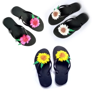 Women Rubber Platform Sandal Flip Flops Black Plat slippers with flowers - Picture 1 of 11
