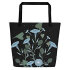 Black with Morning Glories Floral All-Over Print Large Tote Bag Flowers