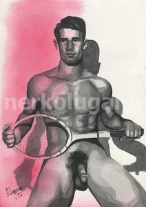 IMPRESIÓN (Compra 2, obtén 1 gratis) Pintura Acuarela Gay Hombre Desnudo "Jugador de tenis" - Imagen 1 de 1