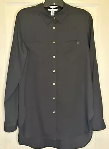 Calvin Klein Medium Black Logo Button Up Roll-Tab Long Sleeve Women’s Top NWT - Picture 1 of 10