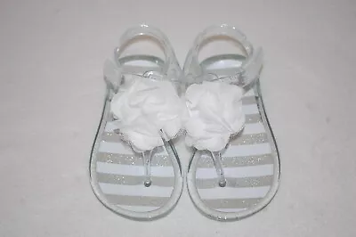 Toddler Girls CLEAR GEL GLITTER THONG SANDALS White Tulle Flower 8 9 10 - Image 1 of 3