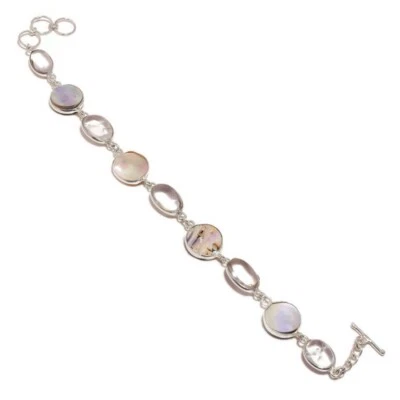 White Mother of Pearl, Crystal Quartz Gemstone Handmade Statement MOP Bracelet - Image 1 of 3