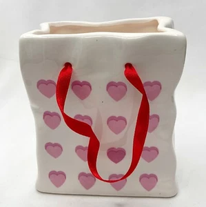 Russ Berrie & Co Ceramic White Planter With Pink Hearts & Red Ribbon Handles - Picture 1 of 8
