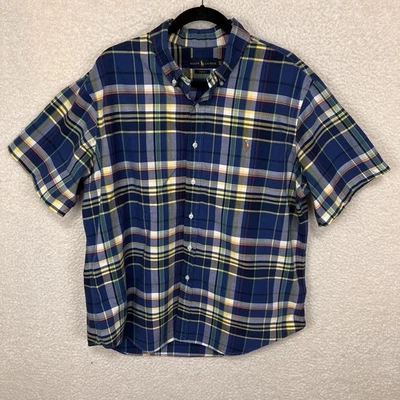Camisa Ralph Lauren Calce Ajustado Para Hombre XXL Azul Amarillo A Cuadros Abotonada Manga Corta Foto 1 de 4