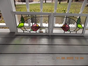 Tulip Pattern Set 2 Leaded Stained-Glass Windows Reframed 23" X 14 3/8 0 S&H - Picture 1 of 18