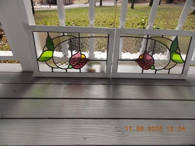 Tulip Pattern Set 2 Leaded Stained-Glass Windows Reframed 23" X 14 3/8 0 S&H - Image 1 of 4