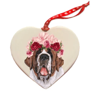 Saint Bernard Dog Porcelain Floral Heart Shaped Ornament Décor Pet Gift - Picture 1 of 2