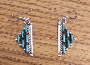 STERLING SILVER*TURQUOISE PETIT POINT/NEEDLEPOINT EARRINGS*ZUNI*NATIVE AMERICAN* - Picture 1 of 5