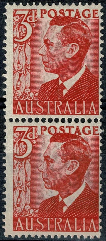 U4565 AUSTRALIA 1950 KGVI  3d scarlet SG 235aa coil pair  MH & MNH - Image 1 of 1