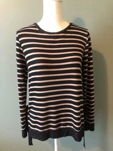 Moa Moa Womens Top Size M Black Tan Striped Crew Neck Side Hem Bows Long Sleeve - Picture 1 of 10