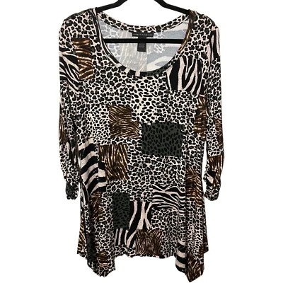 Camisa/vestido túnica grande de leopardo Grace Elements dobladillo alto/bajo manga 3/4 acanalada Foto 1 de 4