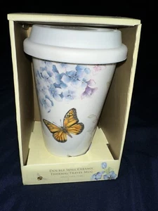 NEW NIP Butterfly Meadow Ceramic Thermal Travel Mug Butterflies Hydrangeas - Picture 1 of 2