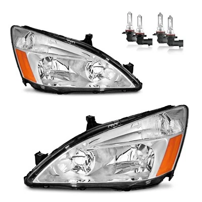 Headlights with bulbs For 2003-2007 Honda Accord 2/4Dr Chrome Amber Left+Right Foto 1 de 4
