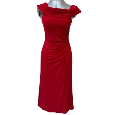 NWT Ieena Mac Duggal Women's Ruched Crepe Off The Shoulder Midi Dress Size 2 Red - Image 1 of 4