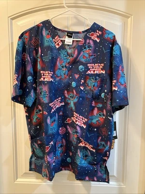 Disney Cherokee Tooniforms Stitch V Neck Scrubs Unisex Top Size M Inner Alien - Image 1 of 4