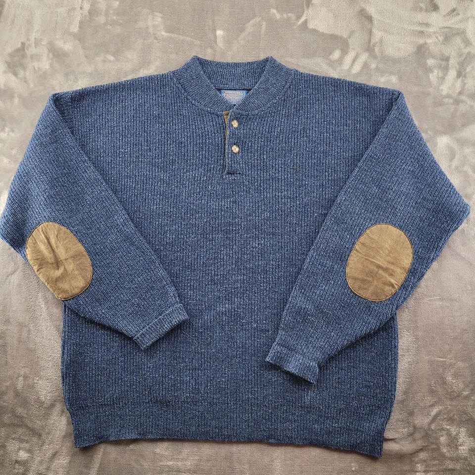 Vintage Pendleton Sweater Mens XL Blue Wool Henley Elbow Patch Made USA 90s - Image 1 of 4