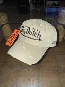 Von Dutch Hat Cap Strap Back Distressed Stone Beige Embroidered One Size Mens - Picture 1 of 13