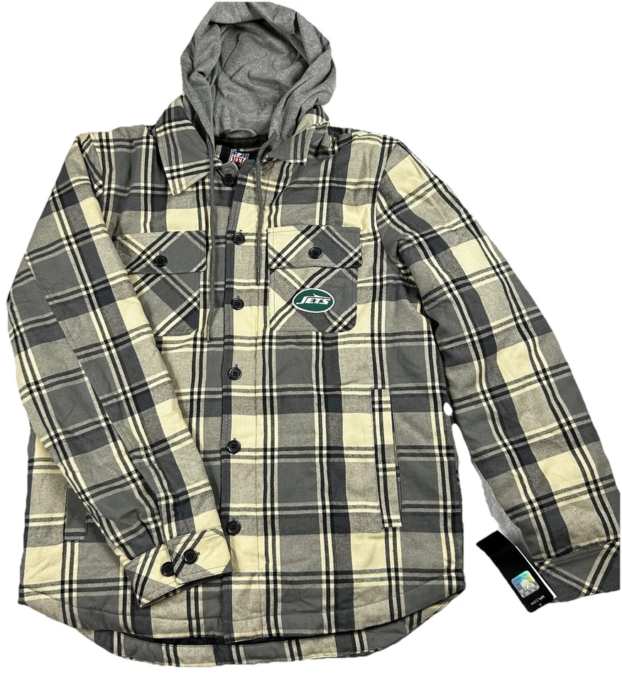 NFL Team Apparel Carolina Panthers Heavy Flannel Jacket Men's L Black Gray Beige