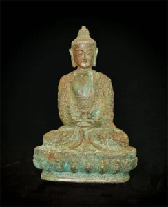 Tibet Buddhism Temple Old Patina Bronze Sakyamuni Amitabha Buddha Statues Wealth - Picture 1 of 3