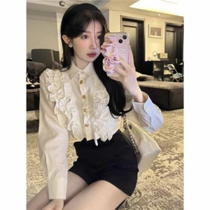 Women's retro ruffle edge long-sleeved blouse Korean single-breasted shirt top - Picture 1 of 14
