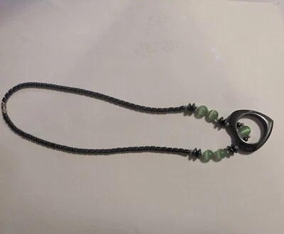 Womens Genuine Vintage Hematite and Green Beads Heart Shaped Pendant Necklace - Image 1 of 3