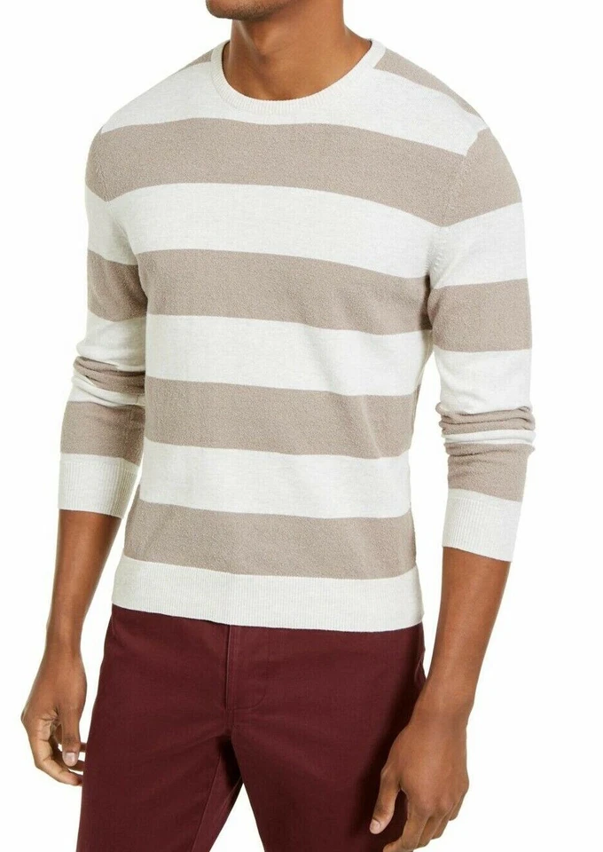 Tasso ELBA Mens Sweater Cream Beige Size XL Crewneck Boucle Rugby Stripe 001