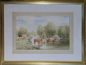 Antigua acuarela firmada Henry J Rhodes ganado riego ex - RA c1880 - Imagen 1 de 13