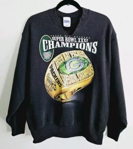 Vtg Green Bay Packers 1997 Super Bowl Ring Black Crewneck Sweatshirt Sz Large - Picture 1 of 5