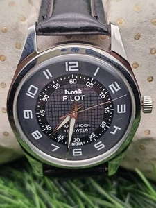 Beautiful Mens HMT Pilot Parashock Mechanical Wind 17J Watch Black Dial - Picture 1 of 5