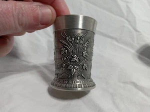 Vintage OLWE 94% Pewter German Shot Glass Floral Motif 3 Different Scenes - Picture 1 of 3