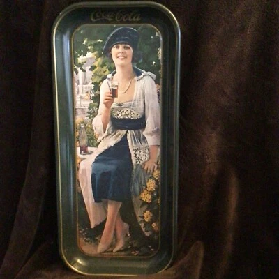 Vintage COCA COLA Green TRAY Lady With Blue Hat - Image 1 of 2