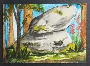 Aceo Original Painting Watercolor Standing Stones Flower Trees Landscape Nikki 2 - Picture 1 of 1