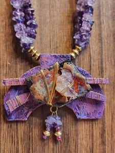 Carol Brooks Kunsthandwerk große Mixed Media Anhänger Halskette bunt - Bild 1 von 9