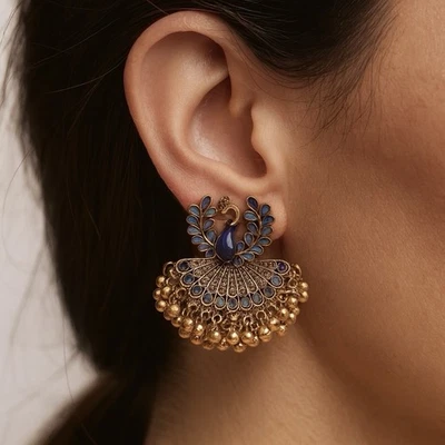 Museum Peacock Earrings Gold Art Nouveau Bird Retro Court VTG Jhumka CZ Deco VTG - Image 1 of 4