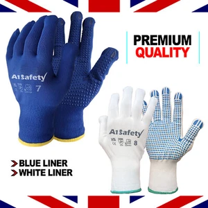 Guantes de trabajo suaves de palma de alto agarre de PVC LUNARES blanco o azul embalaje de almacén - Imagen 1 de 3