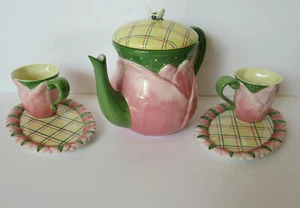 Time to Celebrate by Dept 56 Pink Tulip w/Bee Teapot 6 Piece Set for Two - Picture 1 of 12