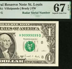 1988A $1 Federal Reserve Note PMG 67EPQ - Fancy Repeater Serial Number 90999099 - Picture 1 of 3