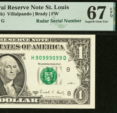 1988A $1 Federal Reserve Note PMG 67EPQ - Fancy Repeater Serial Number 90999099 - Image 1 of 3