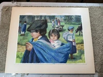 Pastel al óleo original sin firmar de niño pequeño cuidando y llevando niña Foto 1 de 4