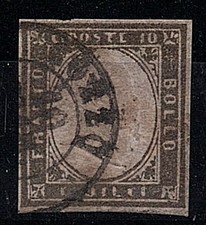 1857 ASI Sardegna 10c grigio bistro chiaro 14Cc Cozzo 12 punti